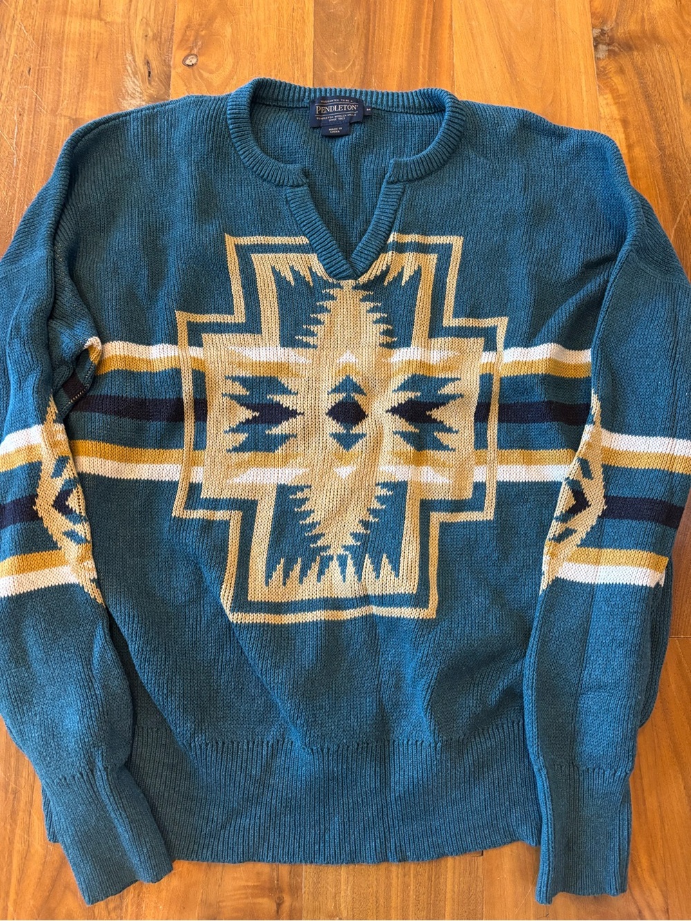 Pendleton Harding Cotton Sweater Blue Split Neck Southwestern Aztec